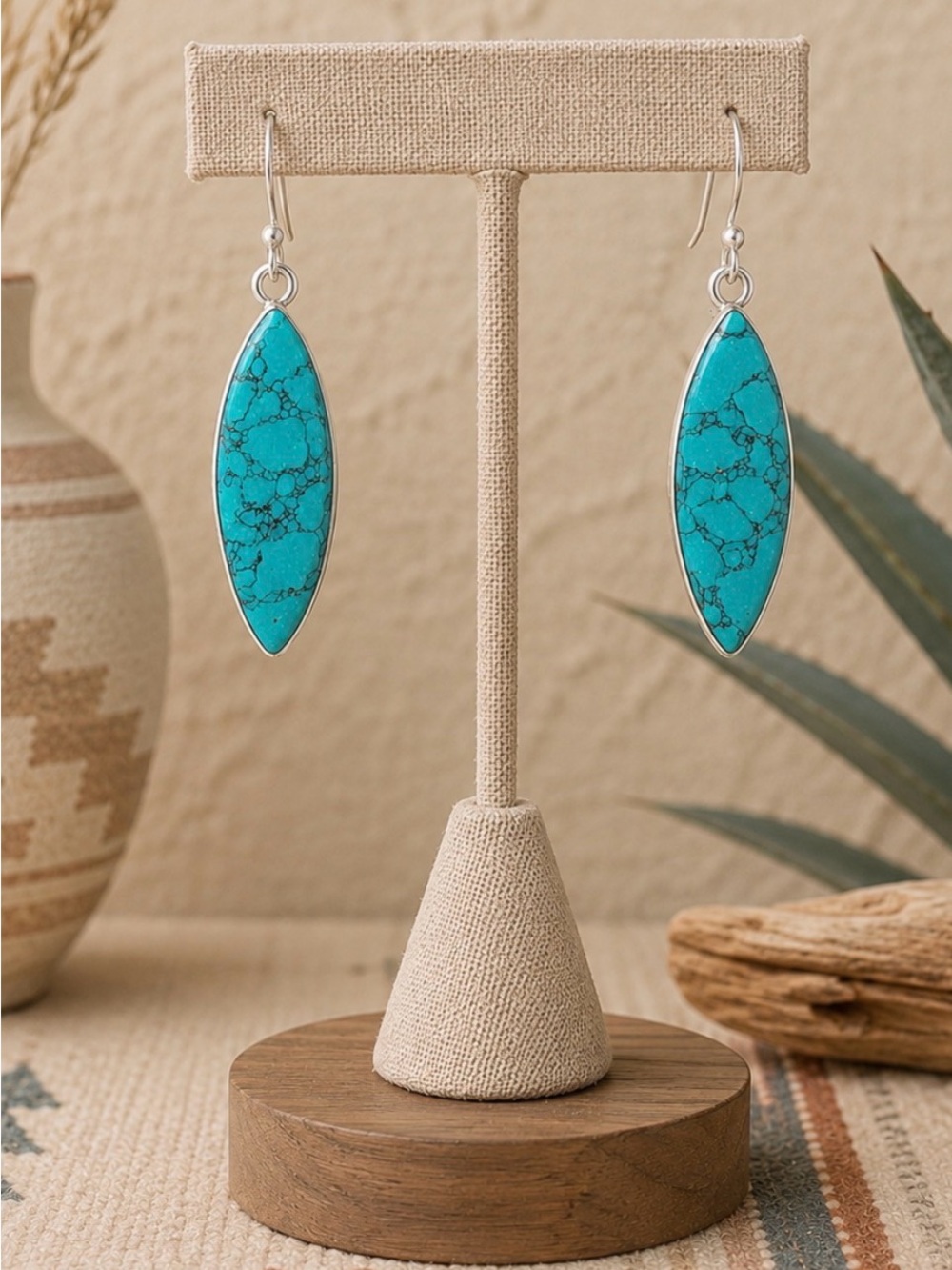 🤩Earrings Turquoise Marquise Shaped 925 Sterling Silver Long Dangle